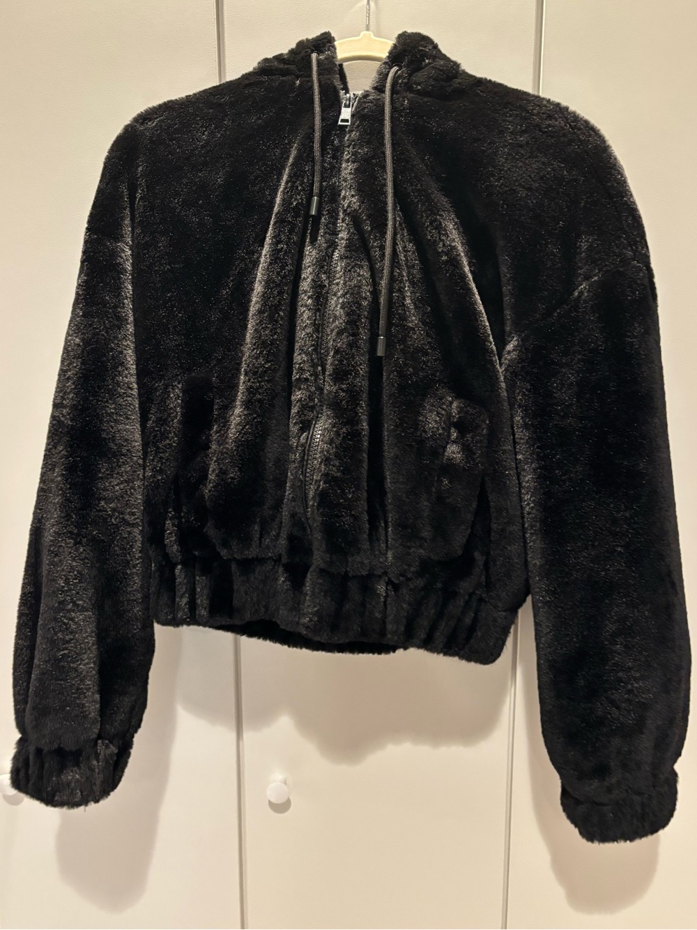 Plush Zip-Up Teddy Jacket with Hood - Black
